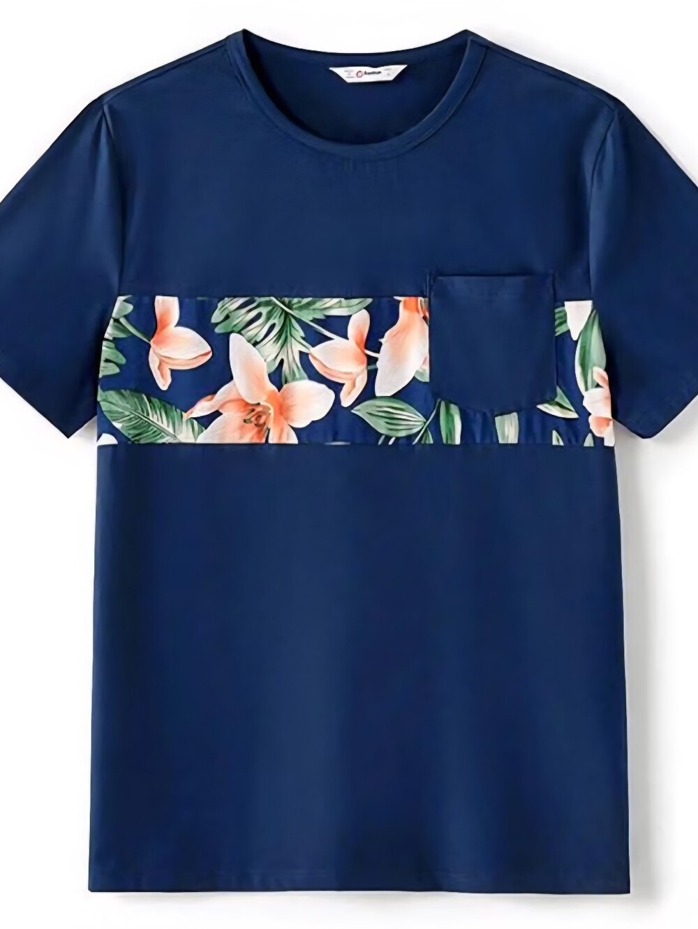 Mens Classic Navy Floral Hawaiian Pocket T-Shirt, L